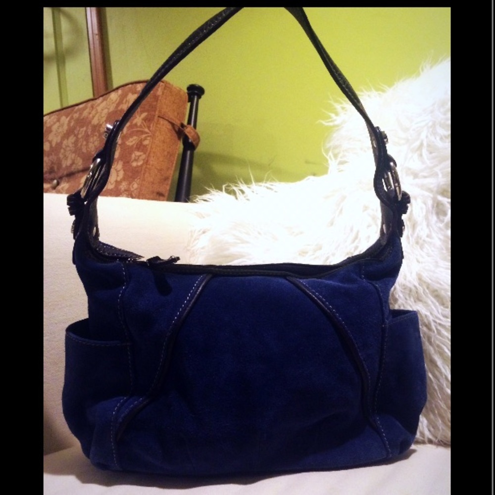Tignanello Blue-Grey Suede Leather Shoulder Bag